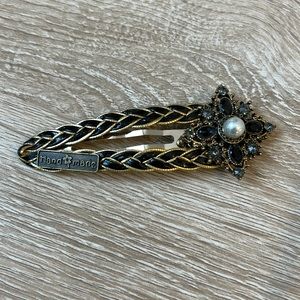 Black and gold, woven, leather barrette, handmade with brooch accent. NWT